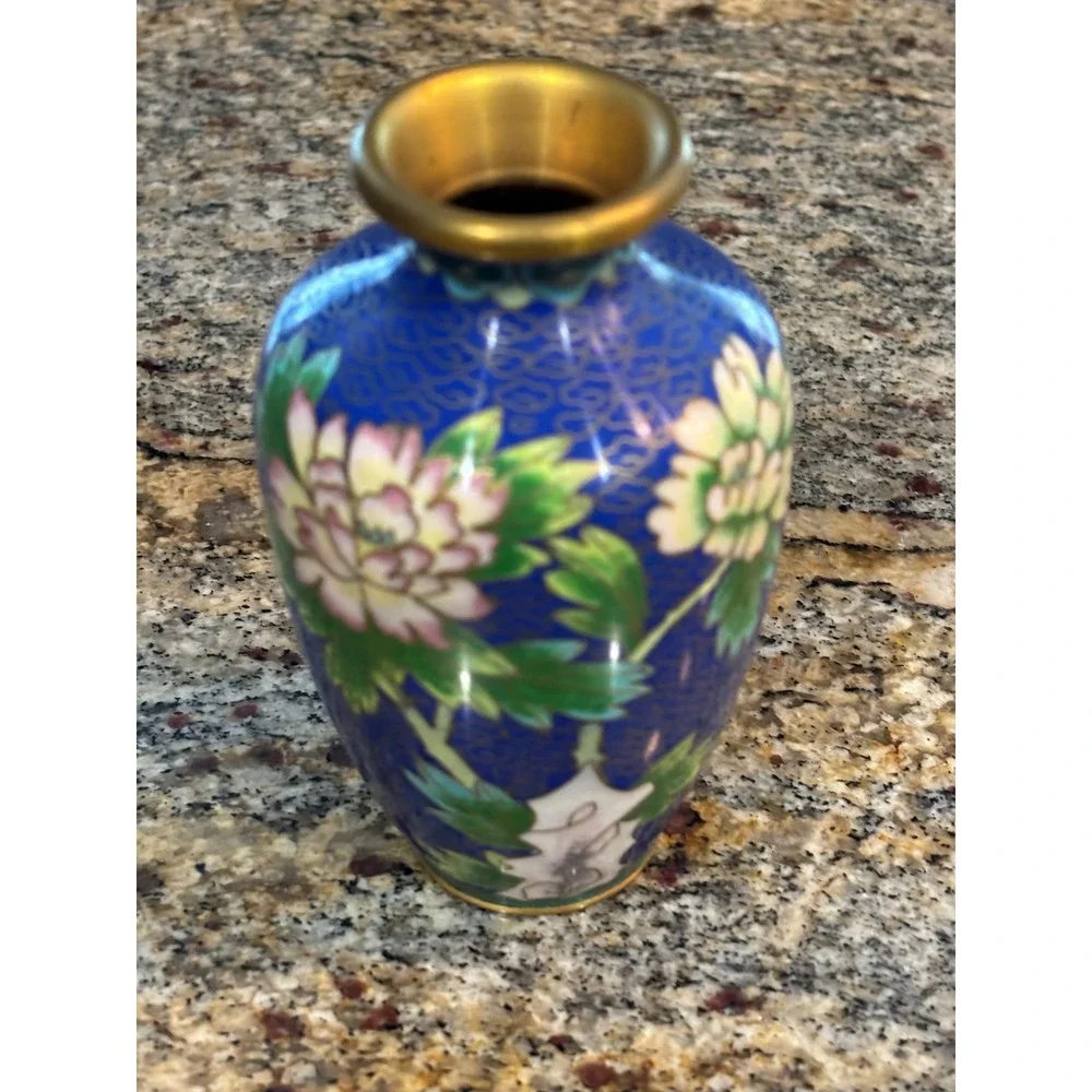 Vintage Chinese Cloisonne Miniature Enameled Vases Cobalt Blue Floral Pair 4.5
